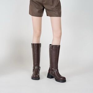 Womens Knee High Biker Boots Square Toe Block Heel Ridding Boot brown leather 8